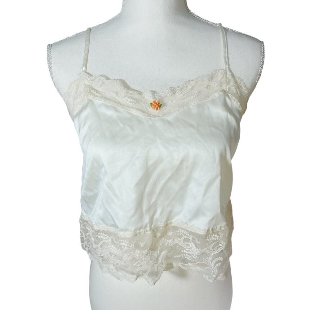 Vintage Millicent Lace Satin Camisole Rosette Coquette Dollette Women's Size M